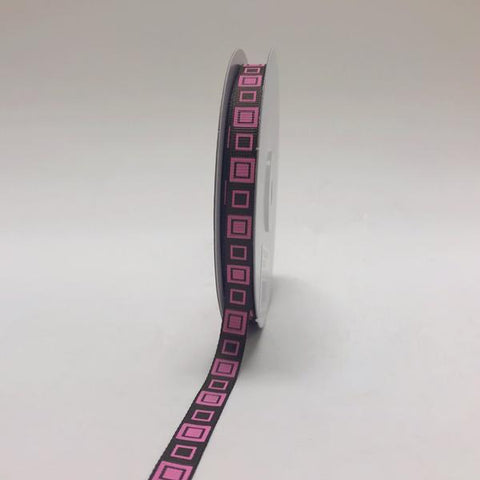 Brown with Pink - Square Design Grosgrain Ribbon ( 3/8 inch | 25 Yards ) FuzzyFabric - Wholesale Ribbons, Tulle Fabric, Wreath Deco Mesh Supplies