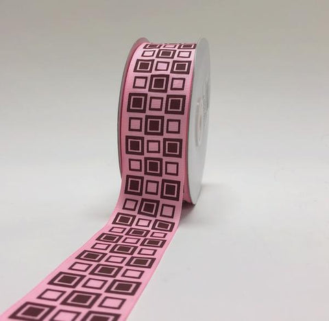 Light Pink with Brown - Square Design Grosgrain Ribbon ( 1-1/2 inch | 25 Yards ) FuzzyFabric - Wholesale Ribbons, Tulle Fabric, Wreath Deco Mesh Supplies