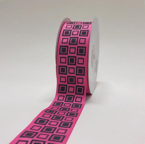 Hot Pink with Black - Square Design Grosgrain Ribbon ( 1-1/2 inch | 25 Yards ) FuzzyFabric - Wholesale Ribbons, Tulle Fabric, Wreath Deco Mesh Supplies