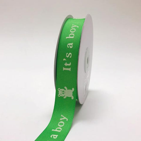 Green - It's a boy - Grosgrain Ribbon Baby  Design ( W: 7/8 inch | L: 25 Yards ) FuzzyFabric - Wholesale Ribbons, Tulle Fabric, Wreath Deco Mesh Supplies