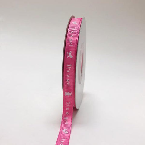 Fuchsia - It's a girl - Grosgrain Ribbon Baby  Design ( W: 3/8 inch | L: 25 Yards ) FuzzyFabric - Wholesale Ribbons, Tulle Fabric, Wreath Deco Mesh Supplies