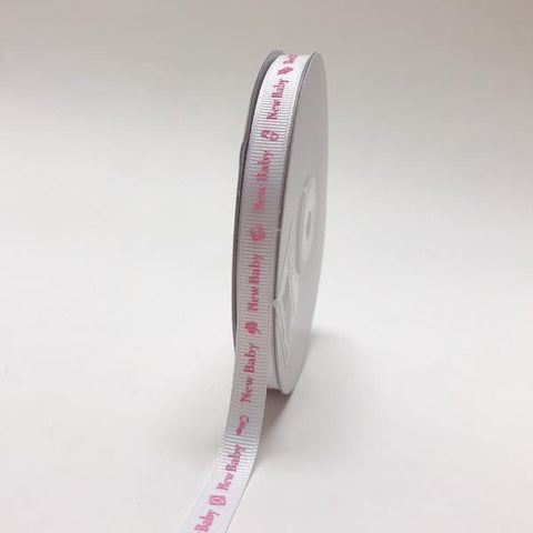 Pink - New Baby - Grosgrain Ribbon Baby  Design ( W: 3/8 inch | L: 25 Yards ) FuzzyFabric - Wholesale Ribbons, Tulle Fabric, Wreath Deco Mesh Supplies