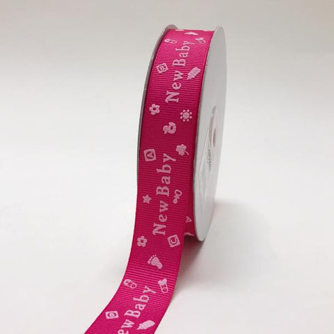 Fuchsia - New Baby - Grosgrain Ribbon Baby  Design ( W: 7/8 inch | L: 25 Yards ) FuzzyFabric - Wholesale Ribbons, Tulle Fabric, Wreath Deco Mesh Supplies