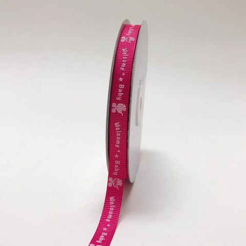 Fuchsia - Welcome Baby - Grosgrain Ribbon Baby  Design ( W: 3/8 inch | L: 25 Yards ) FuzzyFabric - Wholesale Ribbons, Tulle Fabric, Wreath Deco Mesh Supplies