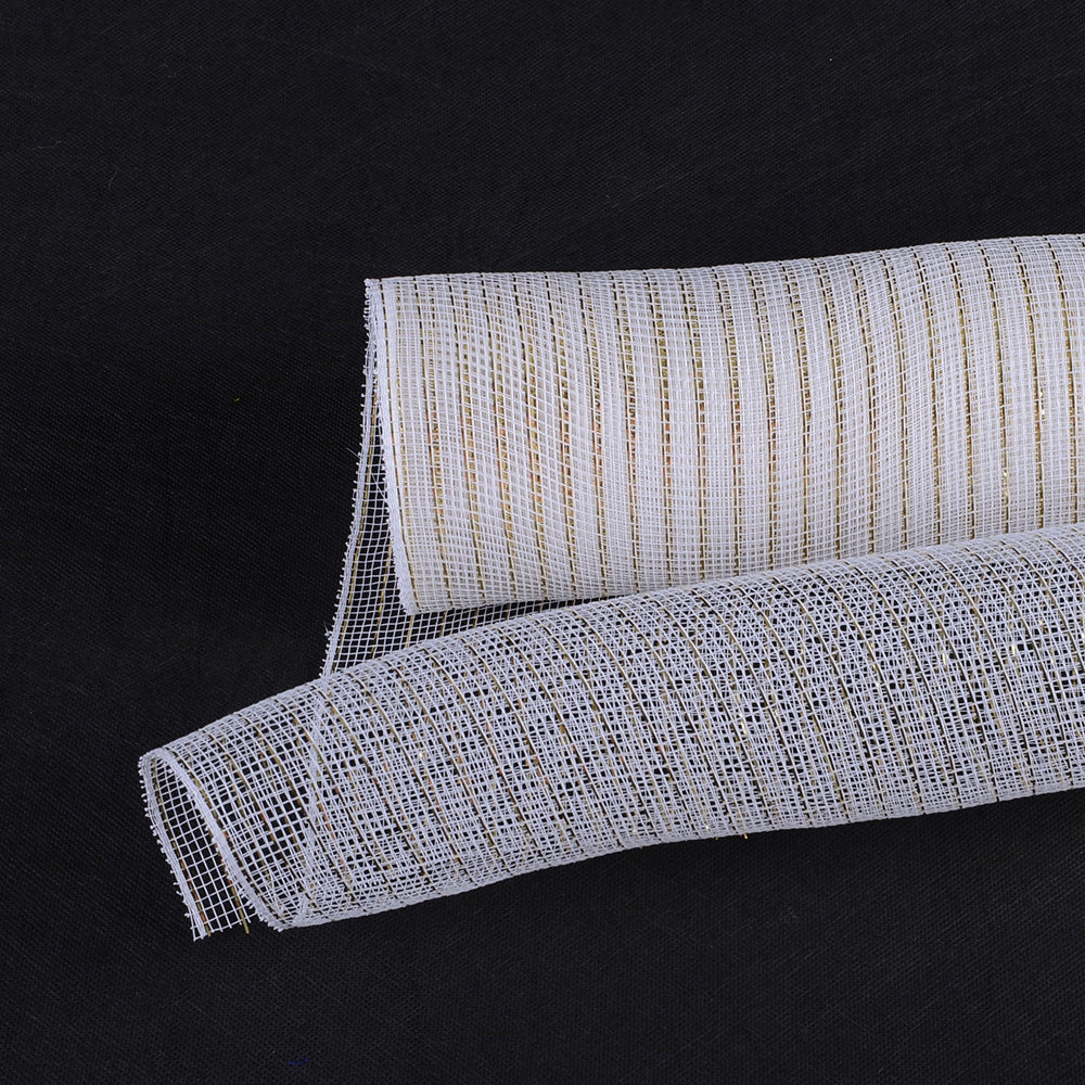 Deco Mesh Wraps White With Gold - Deco Mesh Wrap Metallic Stripes ( 10 Inch x 10 Yards )