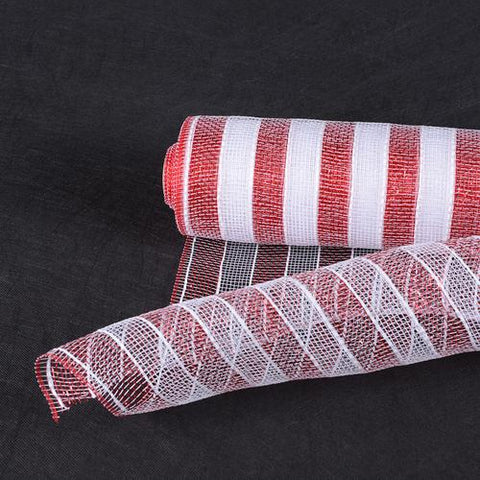 White with Red Lines - Metallic Stripes Mesh ( 10 Inch x 10 Yards ) FuzzyFabric - Wholesale Ribbons, Tulle Fabric, Wreath Deco Mesh Supplies