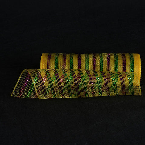 Yellow with Multi Color Lines - Poly Deco Mesh Wrap with Laser Mono Stripe ( 10 Inch x 10 Yards ) FuzzyFabric - Wholesale Ribbons, Tulle Fabric, Wreath Deco Mesh Supplies