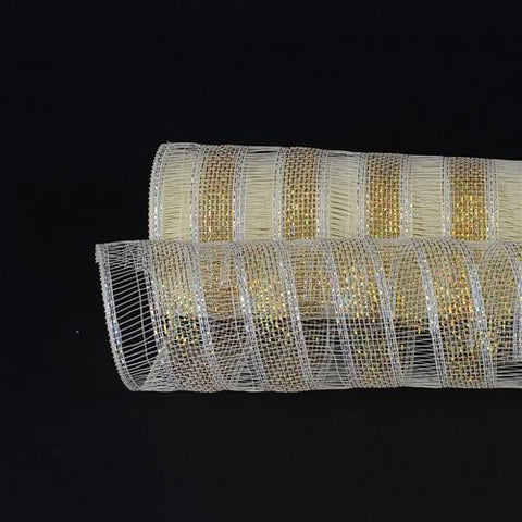 Ivory - Deco Mesh Eyelash Metallic Stripes (10 Inch x 10 Yards) FuzzyFabric - Wholesale Ribbons, Tulle Fabric, Wreath Deco Mesh Supplies