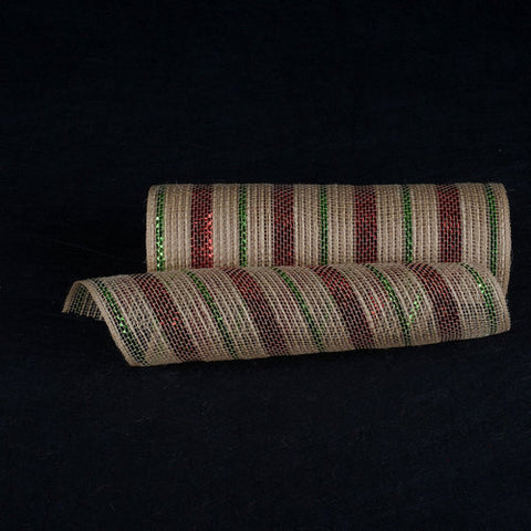 Natural Burlap Deco Mesh With Red Green Metallic Stripes - 10 Inch x 10 Yards FuzzyFabric - Wholesale Ribbons, Tulle Fabric, Wreath Deco Mesh Supplies