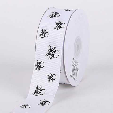 White with White Black Skull Grosgrain Ribbon Skull Design - ( W: 5/8 Inch | L: 25 Yards ) FuzzyFabric - Wholesale Ribbons, Tulle Fabric, Wreath Deco Mesh Supplies