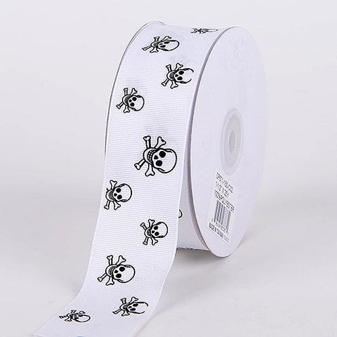 7/8 inch White with White Black Skull Grosgrain Ribbon Skull Design FuzzyFabric - Wholesale Ribbons, Tulle Fabric, Wreath Deco Mesh Supplies