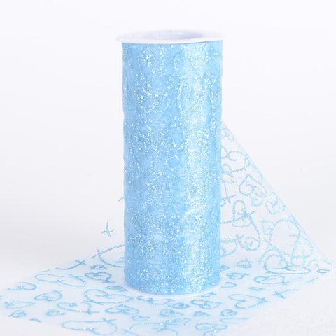 Light Blue - Glitter Hearts Organza Roll - ( W: 6 inch | L: 10 Yards ) FuzzyFabric - Wholesale Ribbons, Tulle Fabric, Wreath Deco Mesh Supplies
