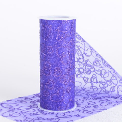 Purple - Glitter Hearts Organza Roll - ( W: 6 inch | L: 10 Yards ) FuzzyFabric - Wholesale Ribbons, Tulle Fabric, Wreath Deco Mesh Supplies