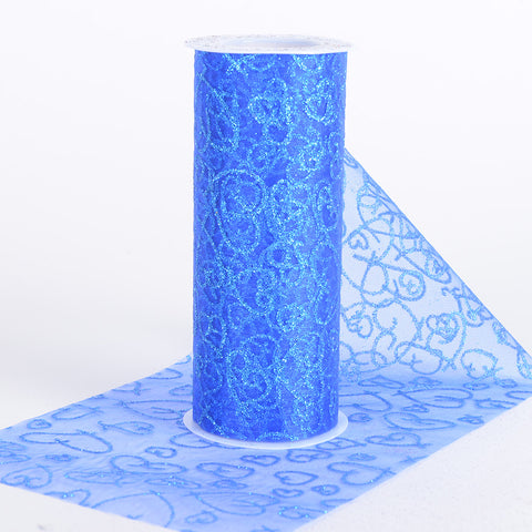 Royal Blue - Glitter Hearts Organza Roll - ( W: 6 inch | L: 10 Yards ) FuzzyFabric - Wholesale Ribbons, Tulle Fabric, Wreath Deco Mesh Supplies