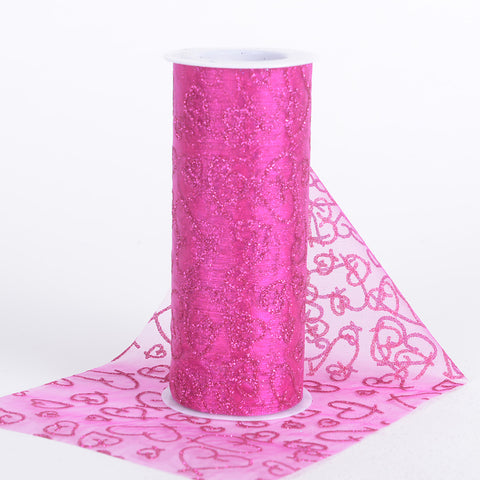 Fuchsia - Glitter Hearts Organza Roll - ( W: 6 inch | L: 10 Yards ) FuzzyFabric - Wholesale Ribbons, Tulle Fabric, Wreath Deco Mesh Supplies
