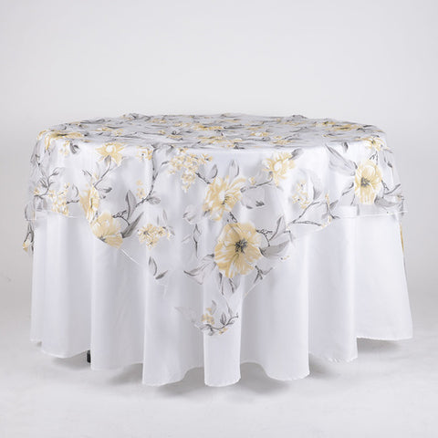 White - 72 x 72 Inch Organza with Flower Print Table Overlay FuzzyFabric - Wholesale Ribbons, Tulle Fabric, Wreath Deco Mesh Supplies