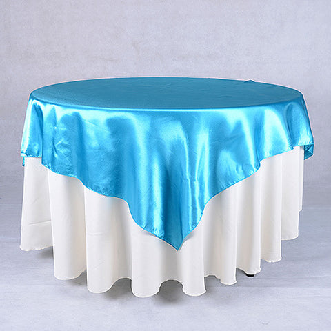 Turquoise - 90 x 90 Inch Satin Square Table Overlays FuzzyFabric - Wholesale Ribbons, Tulle Fabric, Wreath Deco Mesh Supplies