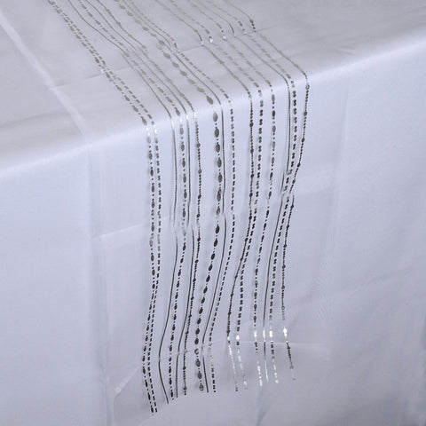 White w/ Silver - 14 X 108 Inch Metallic Organza Table Runners FuzzyFabric - Wholesale Ribbons, Tulle Fabric, Wreath Deco Mesh Supplies