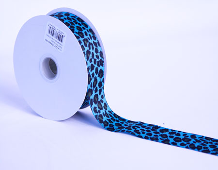1-1/2 inch Turquoise Grosgrain Ribbon Leopard Print FuzzyFabric - Wholesale Ribbons, Tulle Fabric, Wreath Deco Mesh Supplies