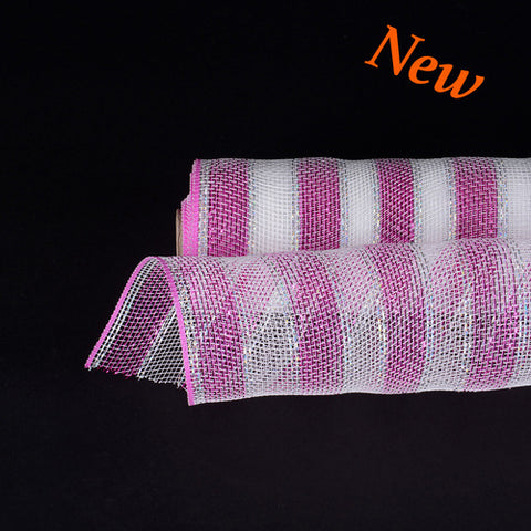 Fuchsia with Silver Lines  - Poly Deco Mesh Wrap with Laser Mono Stripe -  ( 21 Inch x 10 Yards ) FuzzyFabric - Wholesale Ribbons, Tulle Fabric, Wreath Deco Mesh Supplies
